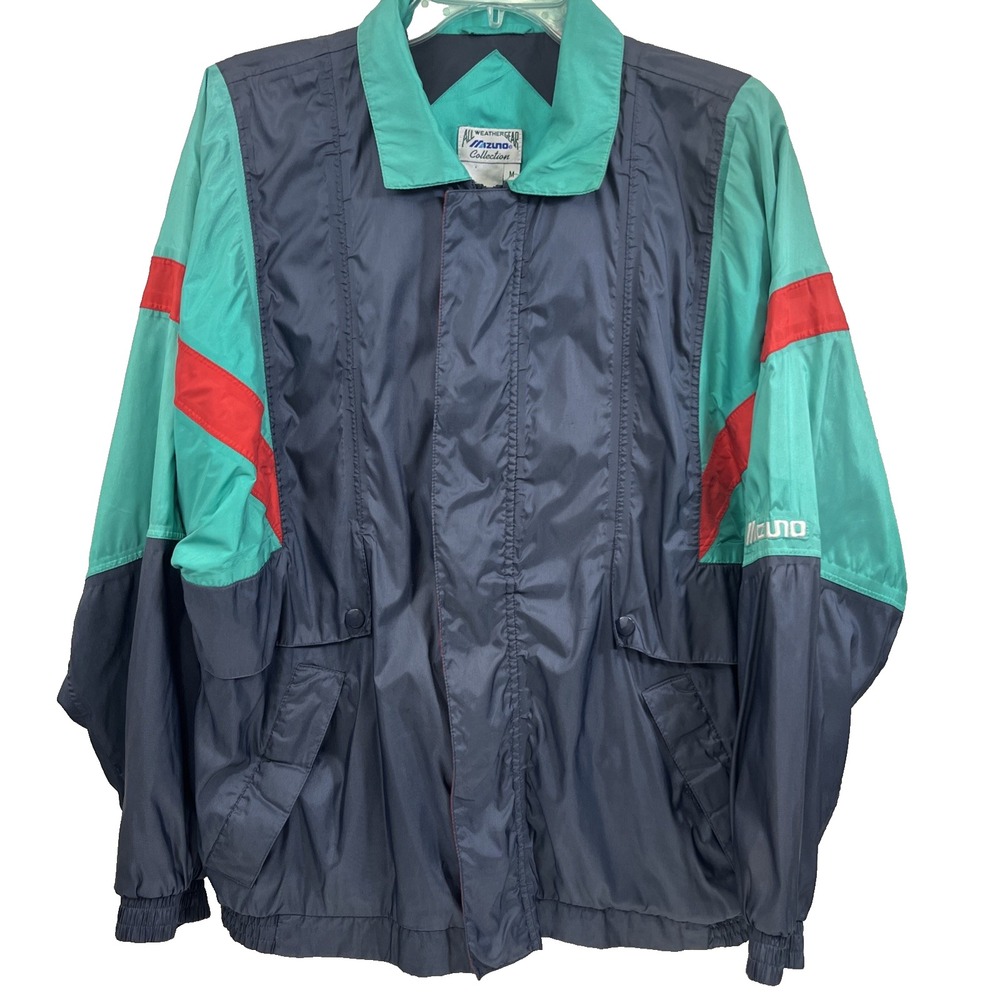 Vintage Mizuno Collection Mens Windbreaker Size M Teal Red Gray Adjustable Waist